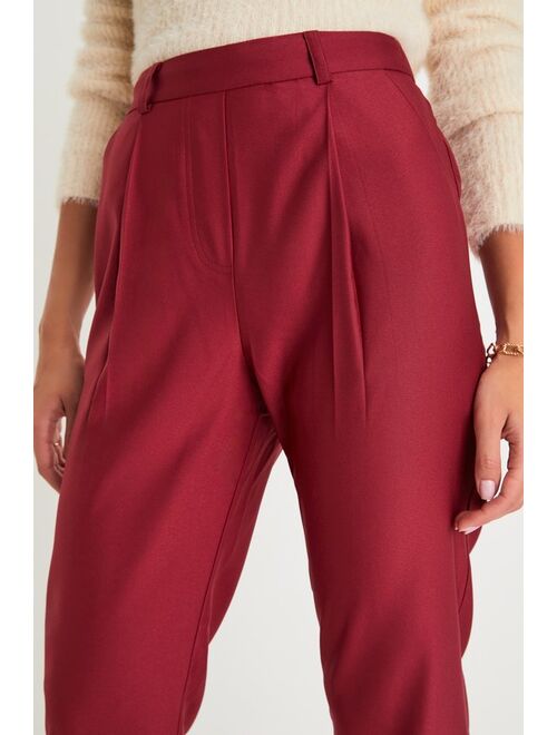 Lulus Business Behavior Wine Red Twill High Rise Tapered Trouser Pants