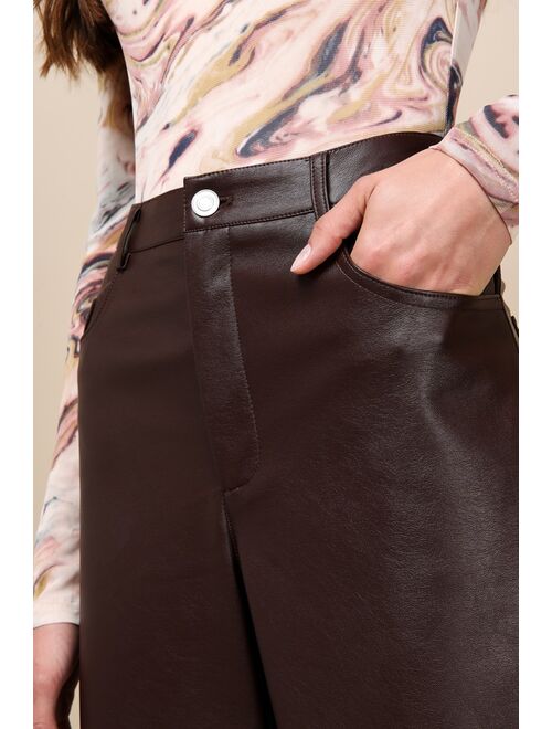 Lulus Sleek Vibe Dark Brown Vegan Leather High Rise Pants