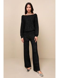 Luxe Comfort Black Lurex Wide-Leg Sweater Pants