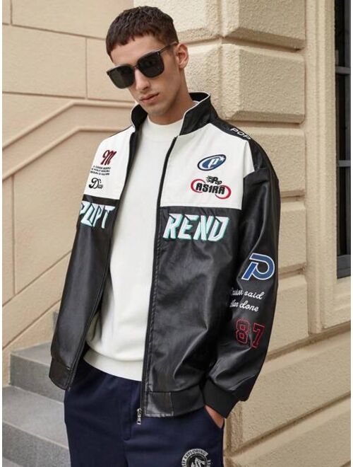 Shein Men's Text & Graphic Print Racing Leather Jacket