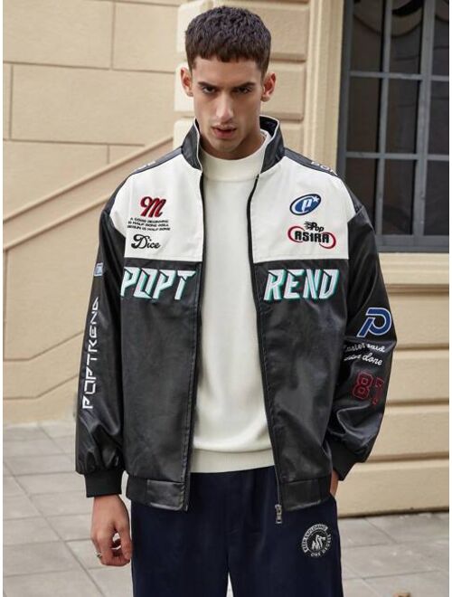 Shein Men's Text & Graphic Print Racing Leather Jacket