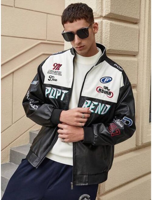 Shein Men's Text & Graphic Print Racing Leather Jacket