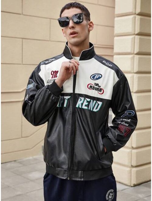 Shein Men's Text & Graphic Print Racing Leather Jacket