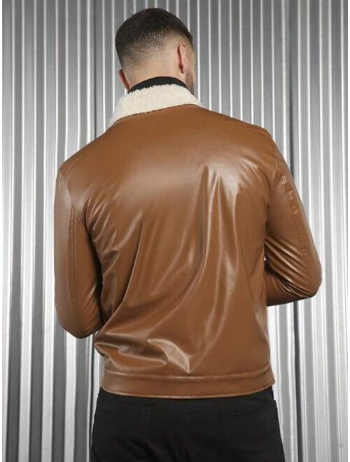 Shein Manfinity Homme Men 1pc Borg Collar Flap Pocket PU Leather Jacket