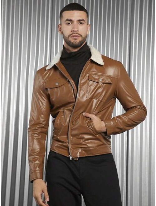 Shein Manfinity Homme Men 1pc Borg Collar Flap Pocket PU Leather Jacket