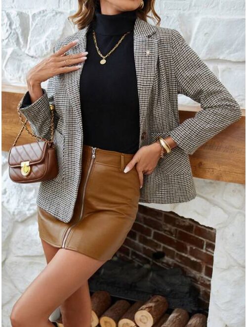 SHEIN BIZwear Houndstooth Lapel Collar Dual Pockets Blazer Without Belt Workwear