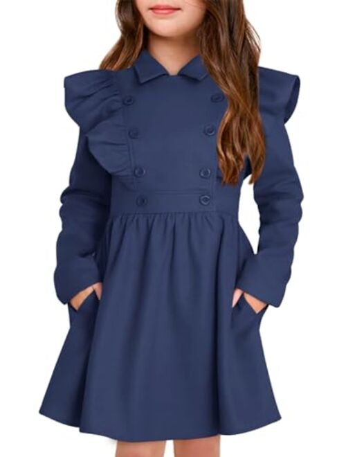 Haloumoning Girls Dress Coat Kids Lapel Double Breasted Button Down Ruffle Long Winter Jackets with Pockets 5-14 Years