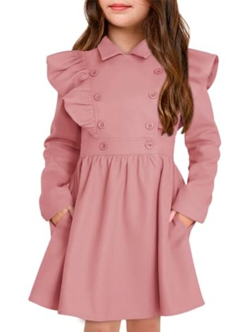 Haloumoning Girls Dress Coat Kids Lapel Double Breasted Button Down Ruffle Long Winter Jackets with Pockets 5-14 Years