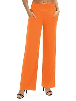 Women's Solid Wide Leg Palazzo Lounge Pants Casual Straight Leg High Waist Stretch Pants