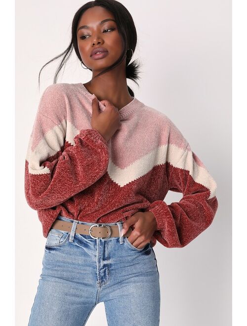 Lulus Constant Cuddles Pink Chevron Chenille Knit Sweater