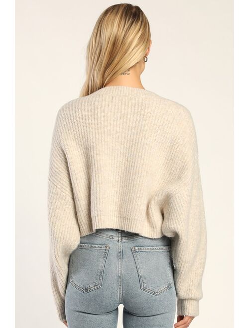 Lulus Cuddled Up Cutie Cream Cropped Dolman Sleeve Sweater