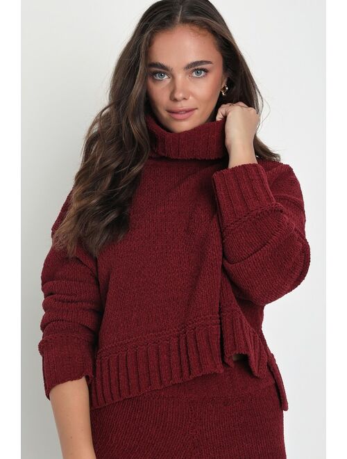 Lulus Cozy Plans Burgundy Chenille Knit Turtleneck Sweater Top