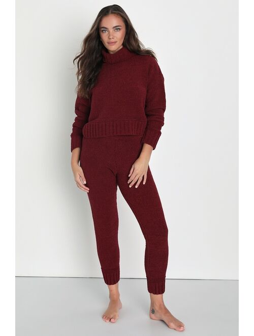 Lulus Cozy Plans Burgundy Chenille Knit Turtleneck Sweater Top