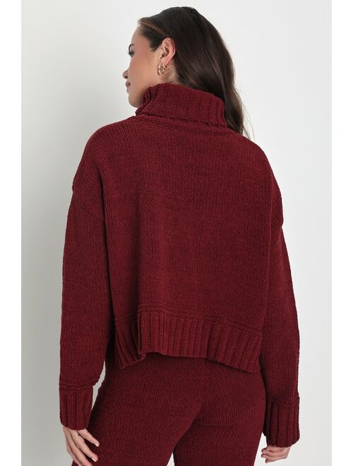 Lulus Cozy Plans Burgundy Chenille Knit Turtleneck Sweater Top