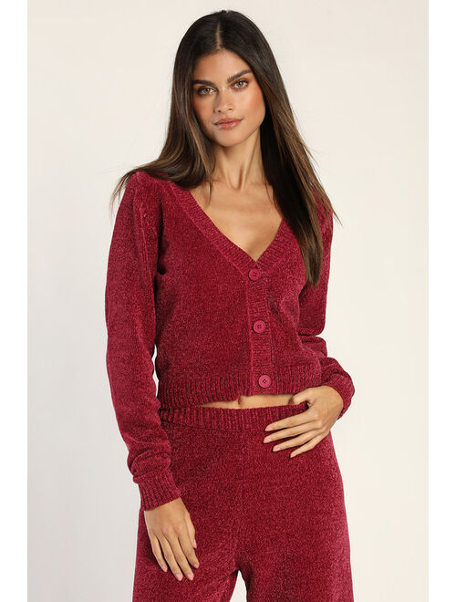 Lulus Snuggle Sensation Burgundy Chenille Cropped Cardigan Sweater