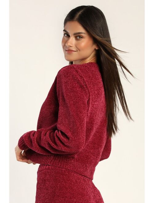 Lulus Snuggle Sensation Burgundy Chenille Cropped Cardigan Sweater