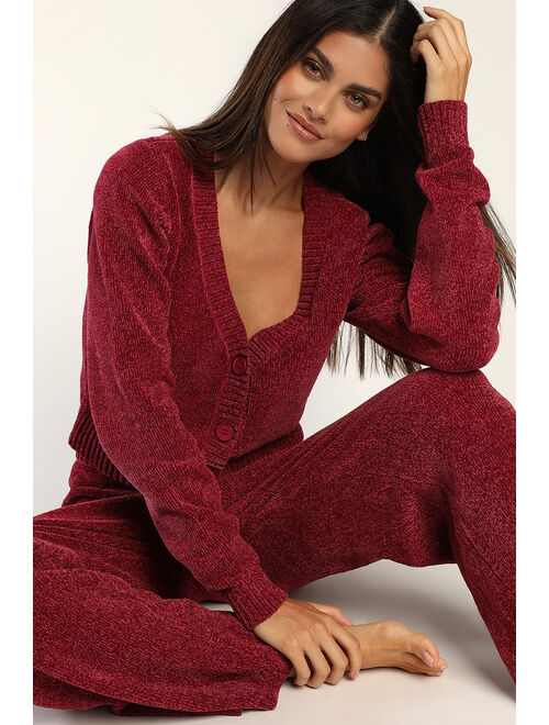 Lulus Snuggle Sensation Burgundy Chenille Cropped Cardigan Sweater