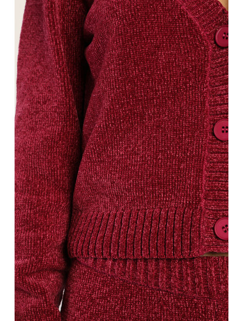 Lulus Snuggle Sensation Burgundy Chenille Cropped Cardigan Sweater