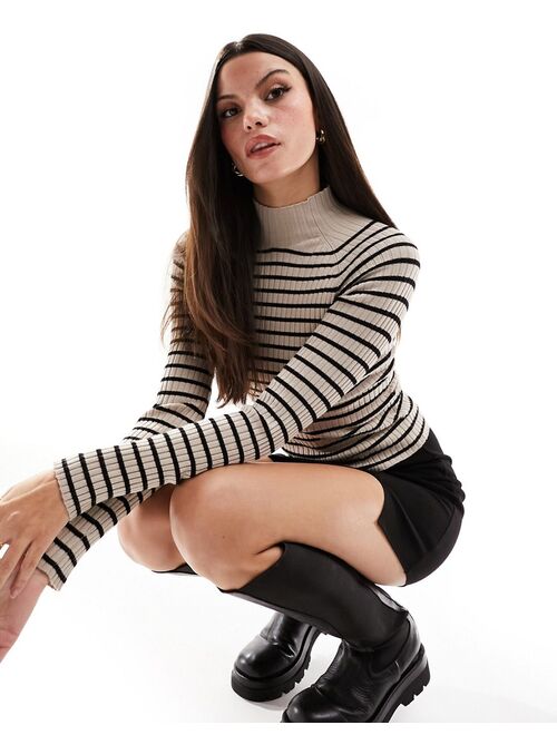 Stradivarius high neck sweater in taupe & black stripe