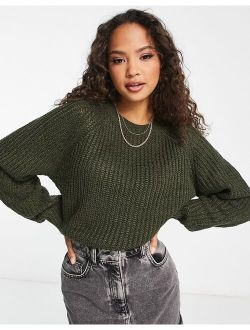 crew neck knitted sweater with stich detail in dark khaki