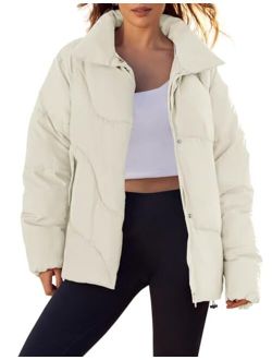 Women's Winter Puffer Jacket Long Sleeve Zip Up Drawstring Quilted Baggy Warm Short Down Coats with Pockets
