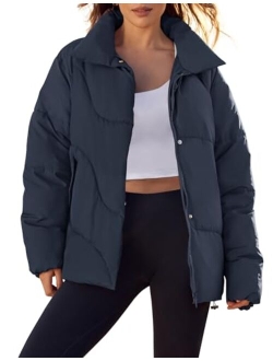 Women's Winter Puffer Jacket Long Sleeve Zip Up Drawstring Quilted Baggy Warm Short Down Coats with Pockets