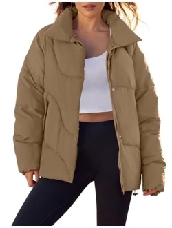 Women's Winter Puffer Jacket Long Sleeve Zip Up Drawstring Quilted Baggy Warm Short Down Coats with Pockets