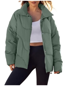 Women's Winter Puffer Jacket Long Sleeve Zip Up Drawstring Quilted Baggy Warm Short Down Coats with Pockets