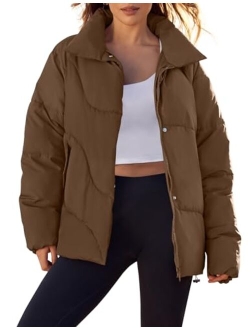 Women's Winter Puffer Jacket Long Sleeve Zip Up Drawstring Quilted Baggy Warm Short Down Coats with Pockets