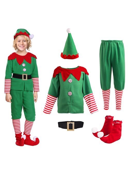 Cowaski Elf Costume for Kids,Christmas Elf Outfit for Girls Boys.Velvet Dress Up Santa's Helper Costume Xmas Festive Outfit