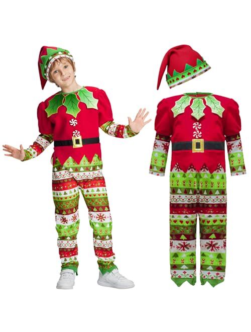 IKALI Christmas Elf Costume Kids Santa's Helper Costume Santa Claus Holiday Dress-up Outfit for Boys Girls Children