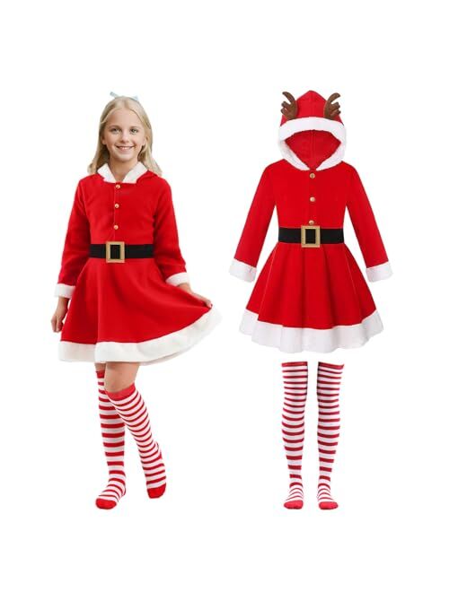 Forfamy Girls Christmas Mrs. Santa Claus Costume Red Velvet Hoodie Dress Long Sleeves with Belt, Xmas Dress Up Party Outfit