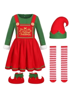 Dormstop Kids Holiday Elf Costumes Deluxe Grils Christmas Elf Dress Set Christmas Party Dress Outfit