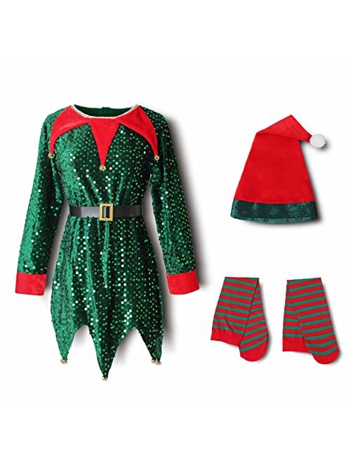 A ANLEOLIFE Christmas Elf Costume for Kids with Sequins Tinkle Bells Belt(2021 Updated Vers.)