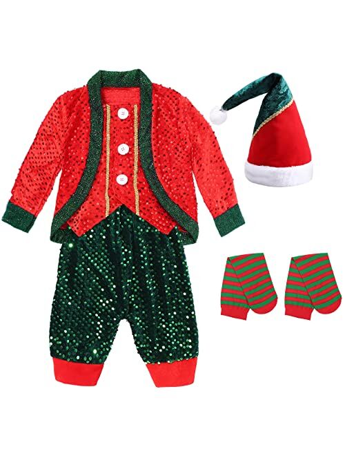 A ANLEOLIFE Christmas Elf Costume for Kids with Sequins Tinkle Bells Belt(2021 Updated Vers.)