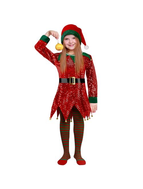 Farochy Christmas Elf Costume for Kids - Elf Costume Child with Elf Hat Belt Striped Stockings Santa helper Costume