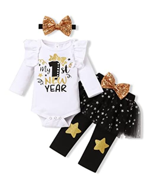 Crazyme My 1st Christmas Baby Girl Outfit Long Sleeve Romper Tulle Skirt Pants with Headband Christmas Baby Outfit