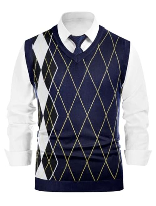 Belovecol Men's Sweater Vest Casual V-Neck Argyle Sweater Vests Sleeveless Pullover Knitwear