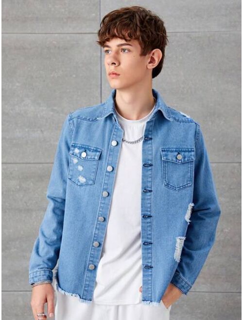 SHEIN Teenage Boys' Bleached Irregular Distressed Denim Shirt