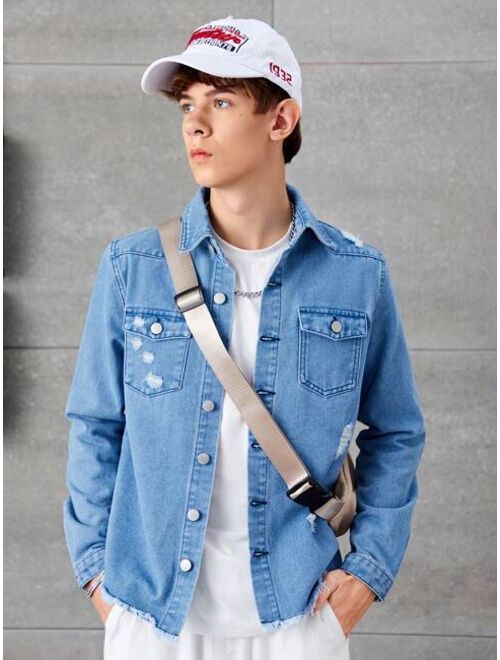 SHEIN Teenage Boys' Bleached Irregular Distressed Denim Shirt