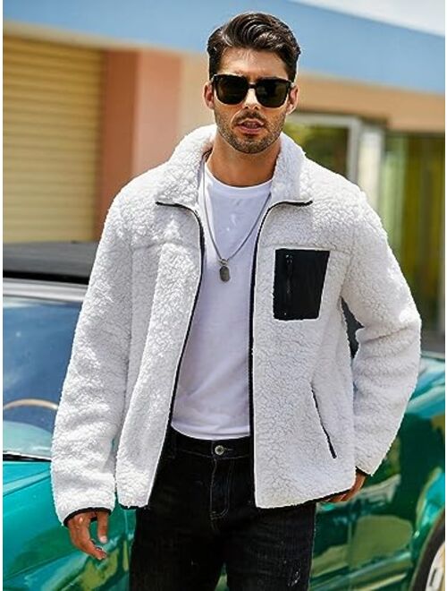 ROHAAS Men's Long Sleeve Shirt Jacket winter jackets Men Contrast Panel Zip Up Teddy Jacket