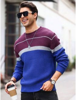 Men'S Contrast Color Round Neck Casual Long Sleeve Sweater