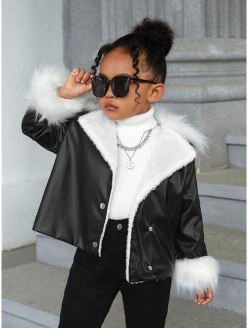 SHEIN Kids FANZEY Young Girl Fuzzy Trim Plush Lined PU Leather Coat