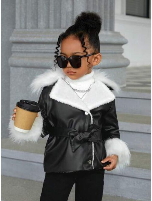 SHEIN Kids FANZEY Young Girl Fuzzy Trim Plush Lined PU Leather Coat