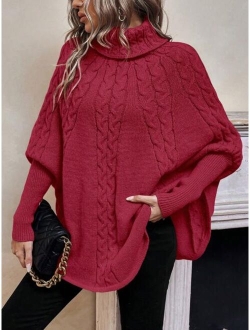 LUNE Turtleneck Batwing Sleeve Cable Knit Poncho