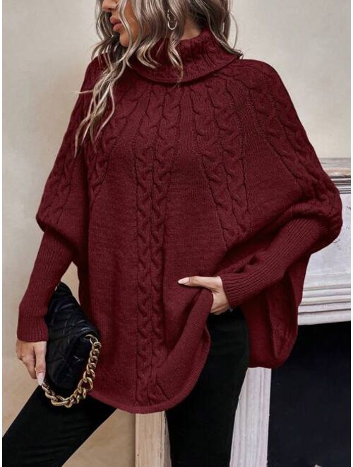 SHEIN LUNE Turtleneck Batwing Sleeve Cable Knit Poncho