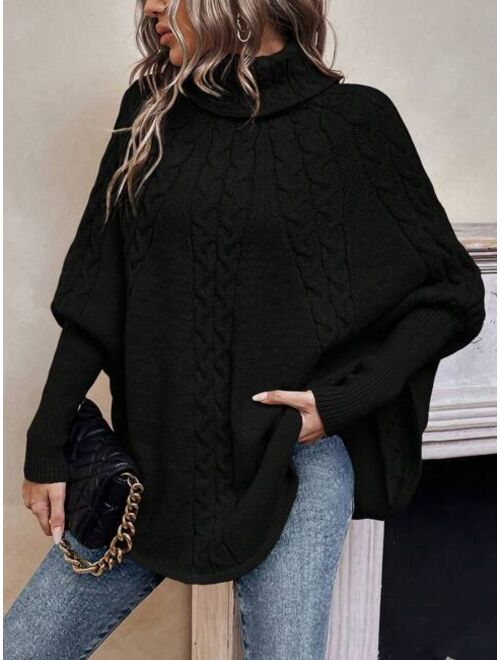 SHEIN LUNE Turtleneck Batwing Sleeve Cable Knit Poncho