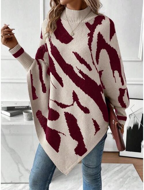 SHEIN Essnce Graphic Pattern Batwing Sleeve Mock Neck Asymmetrical Hem Knit Poncho