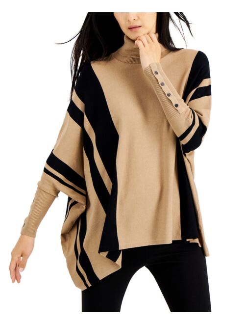 ALFANI Striped Turtleneck Poncho Sweater, Created for Macy's