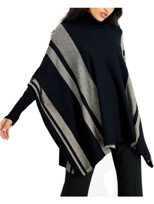 ALFANI Striped Turtleneck Poncho Sweater, Created for Macy's